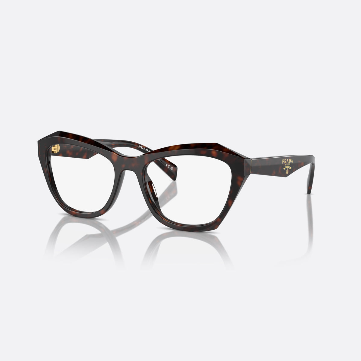 Prada PR A20V 17N1O1 eyeglasses, havana geometric frame for women, keyhole bridge, brand lettering on temples, full-rim frame
