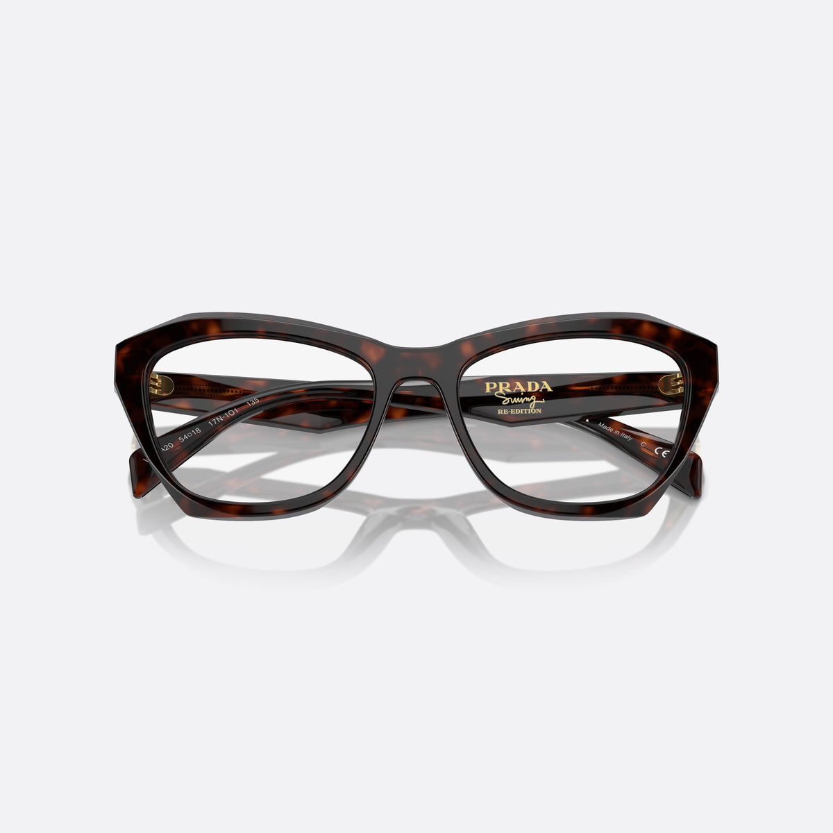 Prada PR A20V 17N1O1 eyeglasses, havana geometric frame for women, keyhole bridge, brand lettering on temples, full-rim frame, folded