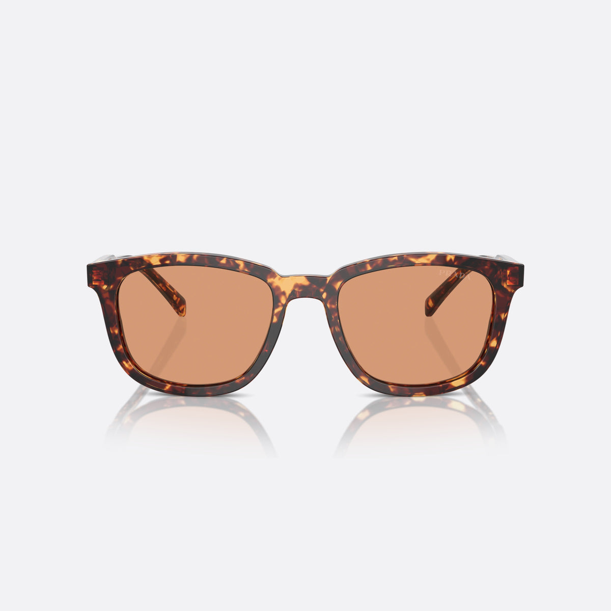 Prada PR A21S 14O-07V sunglasses, havana geometric frame for men, saddle bridge, brand lettering on temples, front view