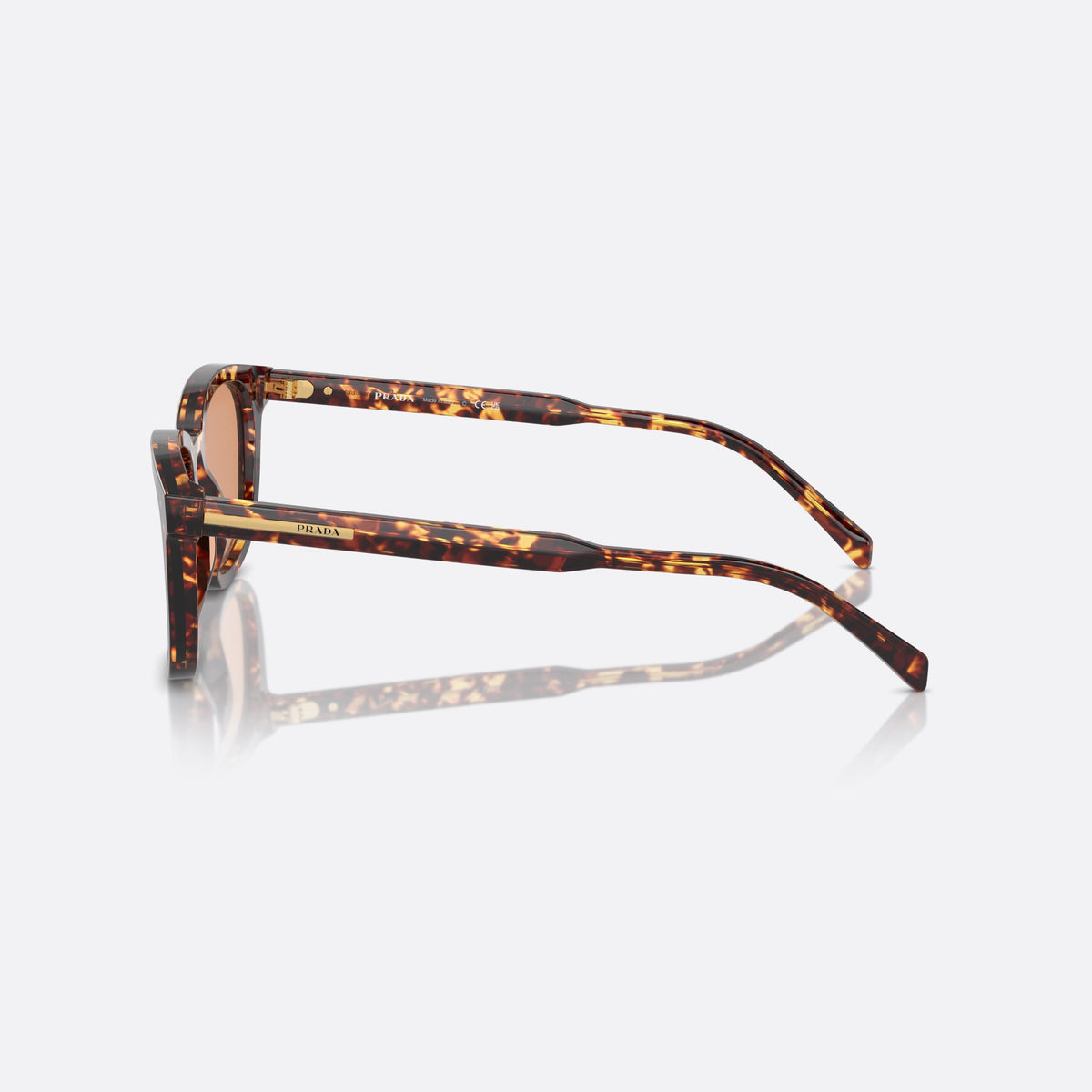 Prada PR A21S 14O-07V sunglasses, havana geometric frame for men, saddle bridge, brand lettering on temples, side view