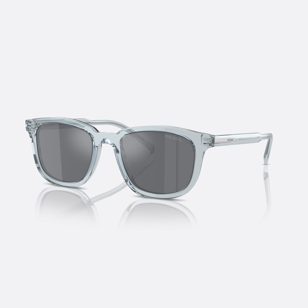 Prada PR A21S A21S sunglasses, blue pillow frame for men, plain bridge, brand lettering on lens, full-rim frame