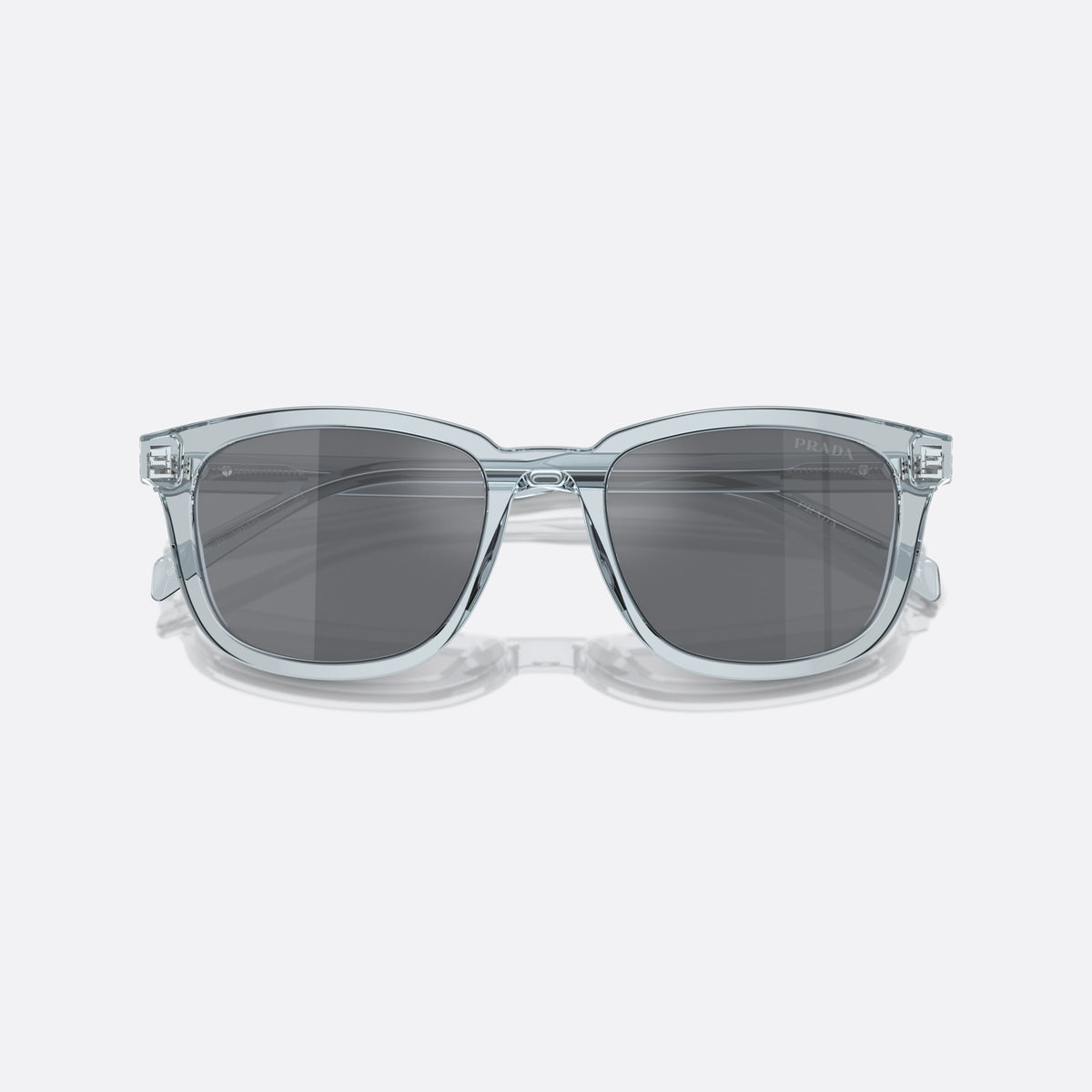 Prada PR A21S A21S sunglasses, blue pillow frame for men, plain bridge, brand lettering on lens, full-rim frame, folded