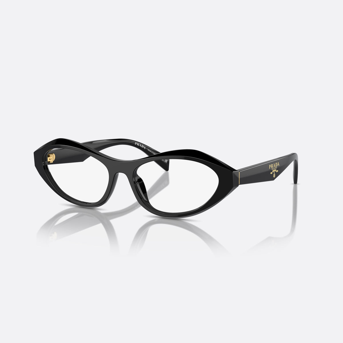 Prada PR A21V 16K1O1 eyeglasses, black squared frame for women, plain bridge, saddle style, brand logo on temple