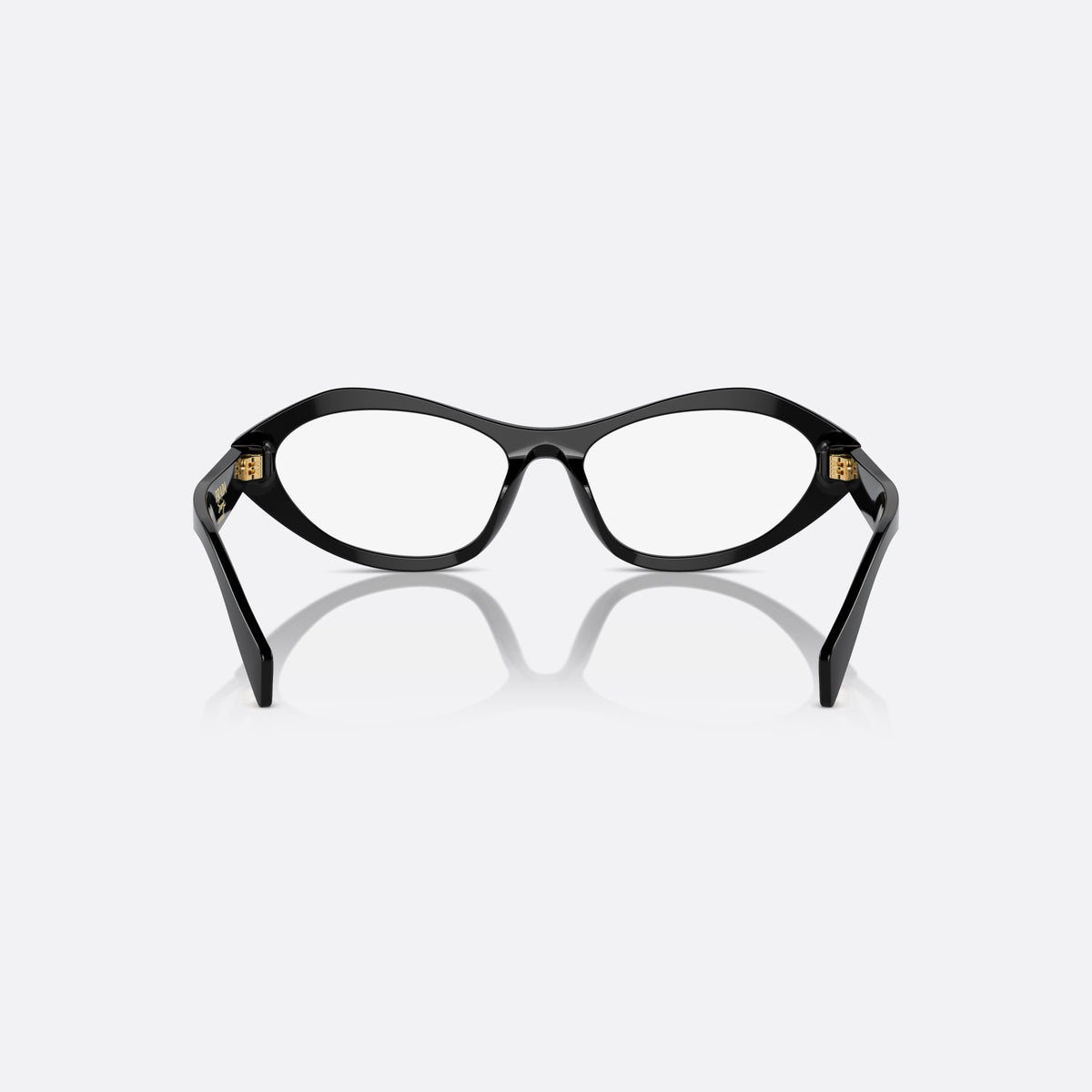 Prada PR A21V 16K1O1 eyeglasses, black squared frame for women, plain bridge, saddle style, brand logo on temple, back view