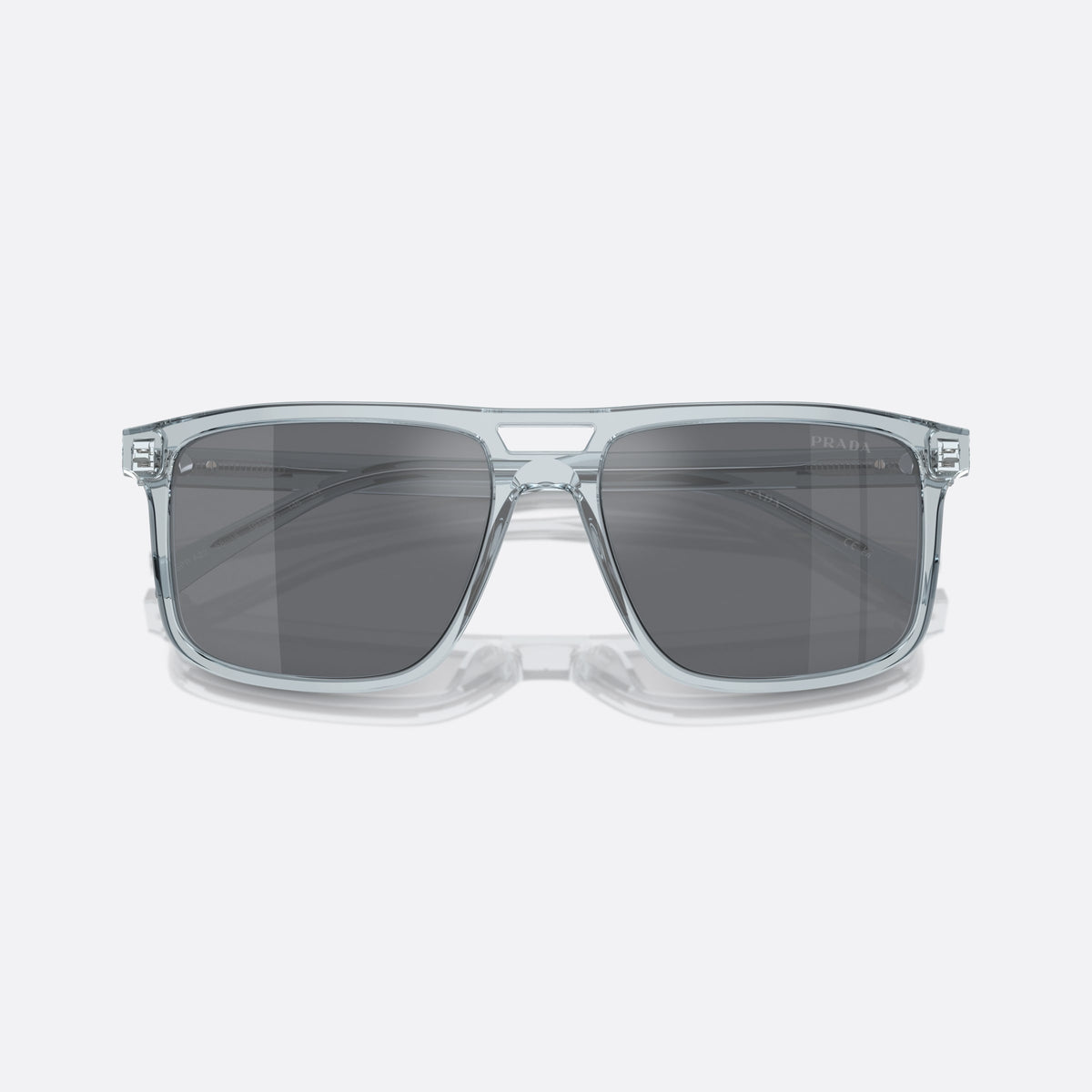 Prada PR A22S 19T175 sunglasses, blue rectangle frame for men, double bridge with open cutout, full-rim frame, folded