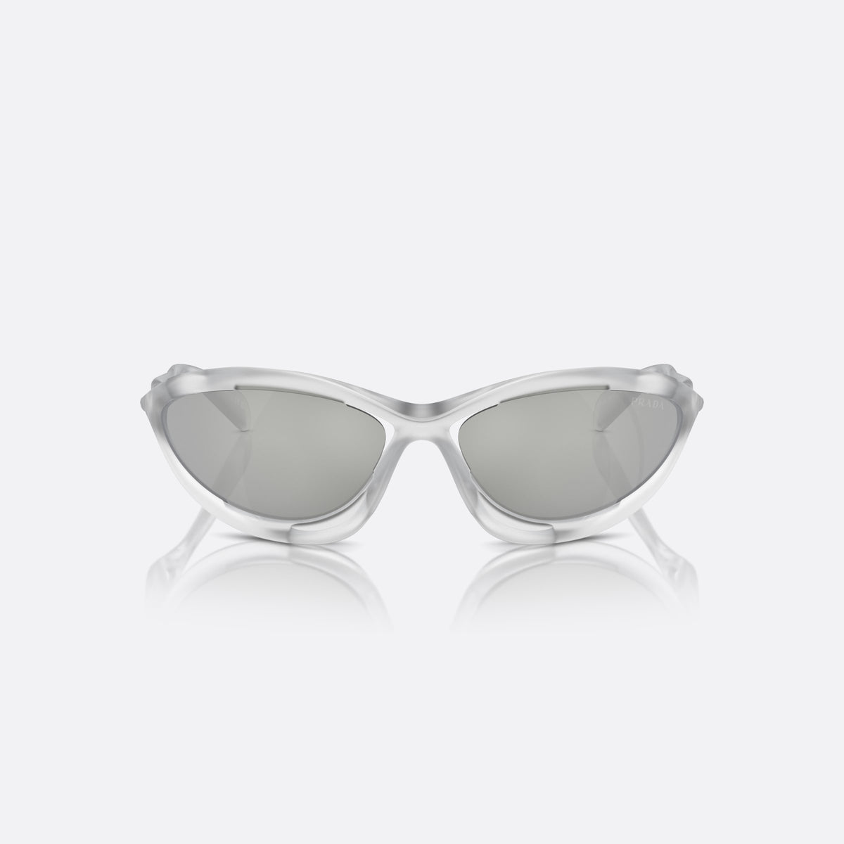 Ochelari de soare Prada PR A23S 14V60H, cat eye transparent, pentru femei, punte dublă cu decupaj deschis, literele brandului pe brațe, vedere din față