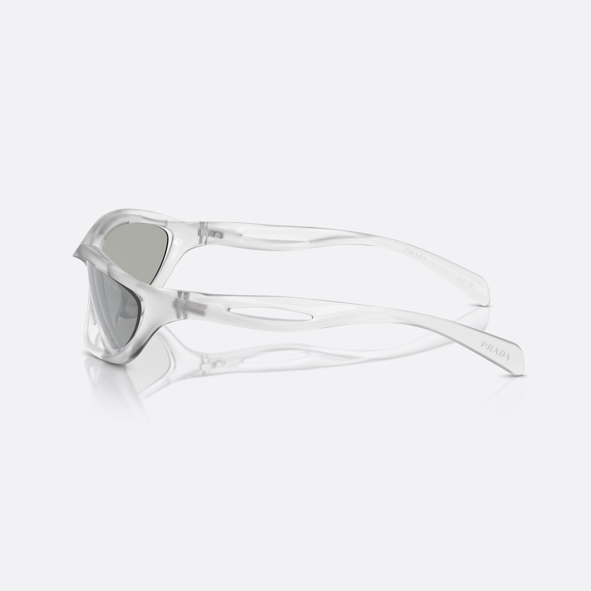 Ochelari de soare Prada PR A23S 14V60H, cat eye transparent, pentru femei, punte dublă cu decupaj deschis, literele brandului pe brațe, vedere laterală
