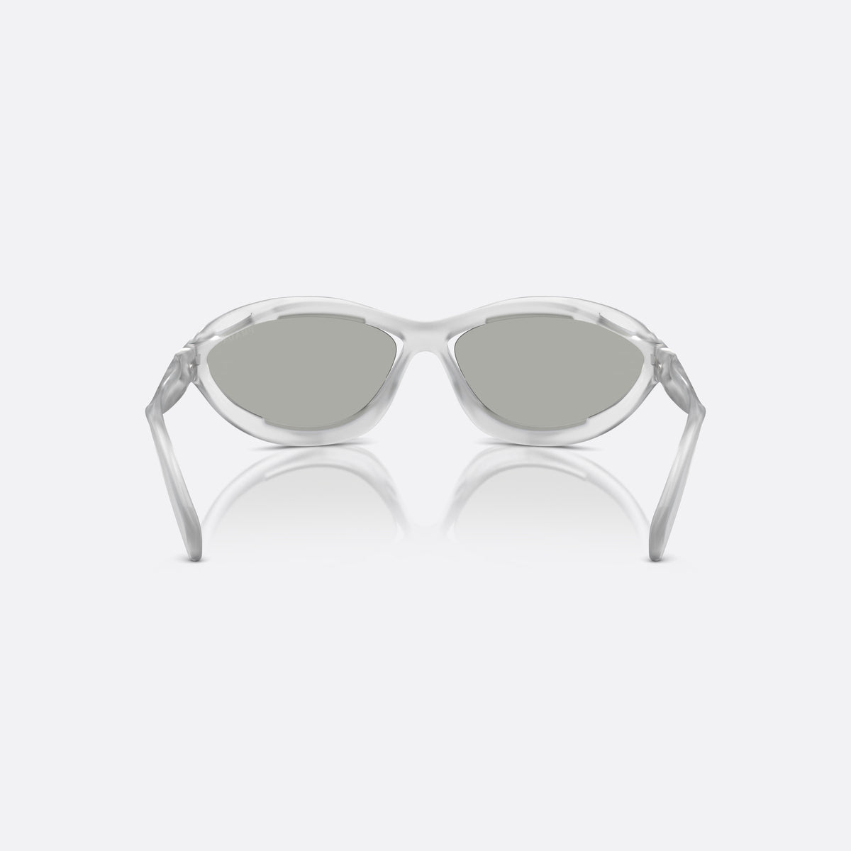 Ochelari de soare Prada PR A23S 14V60H, cat eye transparent, pentru femei, punte dublă cu decupaj deschis, literele brandului pe brațe, vedere din spate
