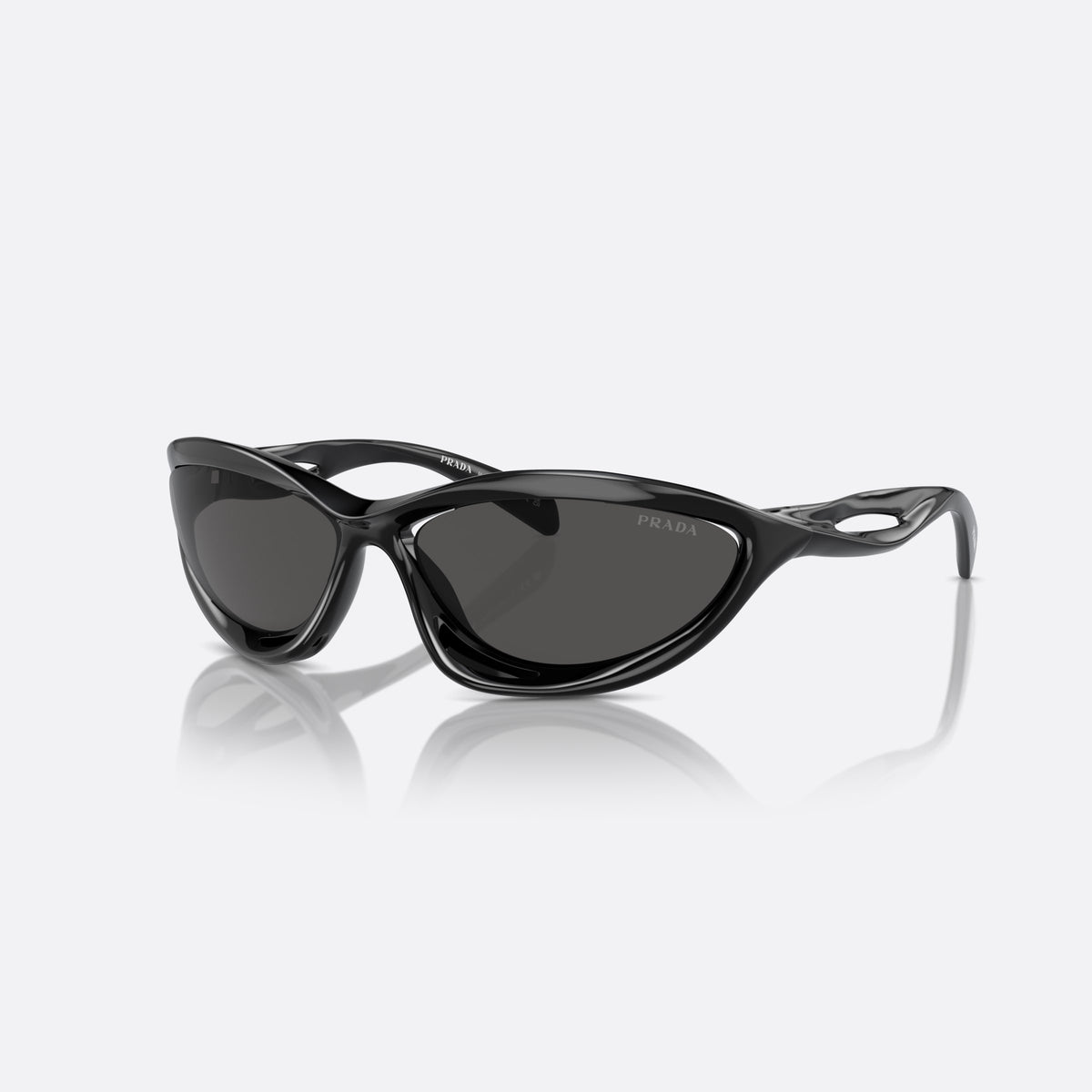 Prada PR A23S 1AB5S0 sunglasses, black cat eye frame for women, double bridge with open cutouts, full-rim frame