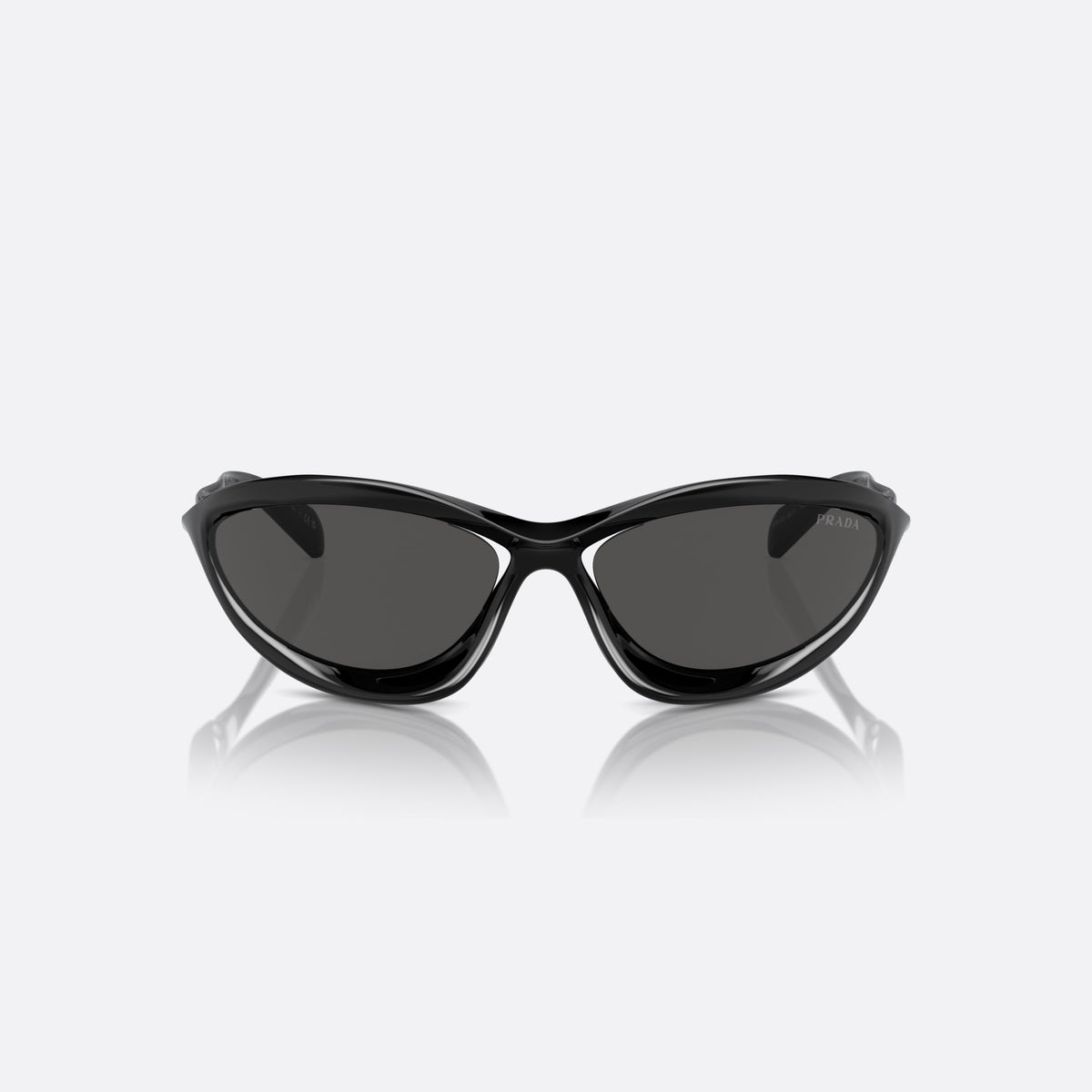 Prada PR A23S 1AB5S0 sunglasses, black cat eye frame for women, double bridge with open cutouts, full-rim frame, front view