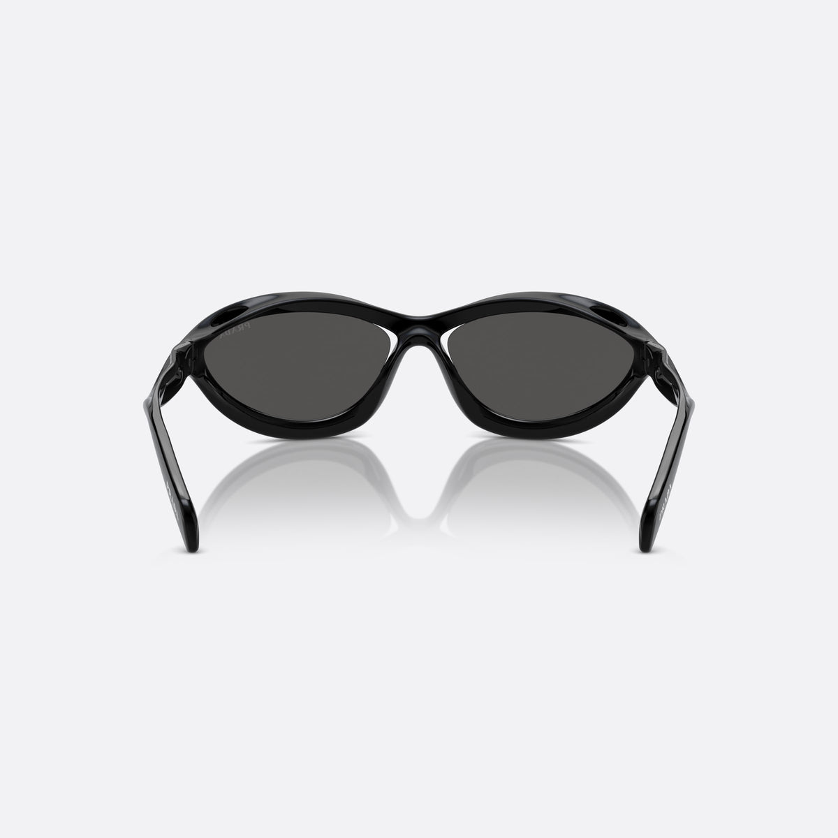 Prada PR A23S 1AB5S0 sunglasses, black cat eye frame for women, double bridge with open cutouts, full-rim frame, back view