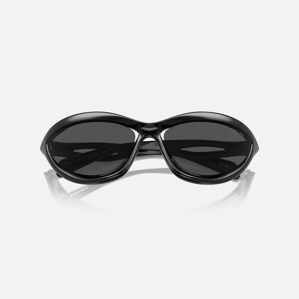 Prada PR A23S 1AB5S0 sunglasses, black cat eye frame for women, double bridge with open cutouts, full-rim frame, folded