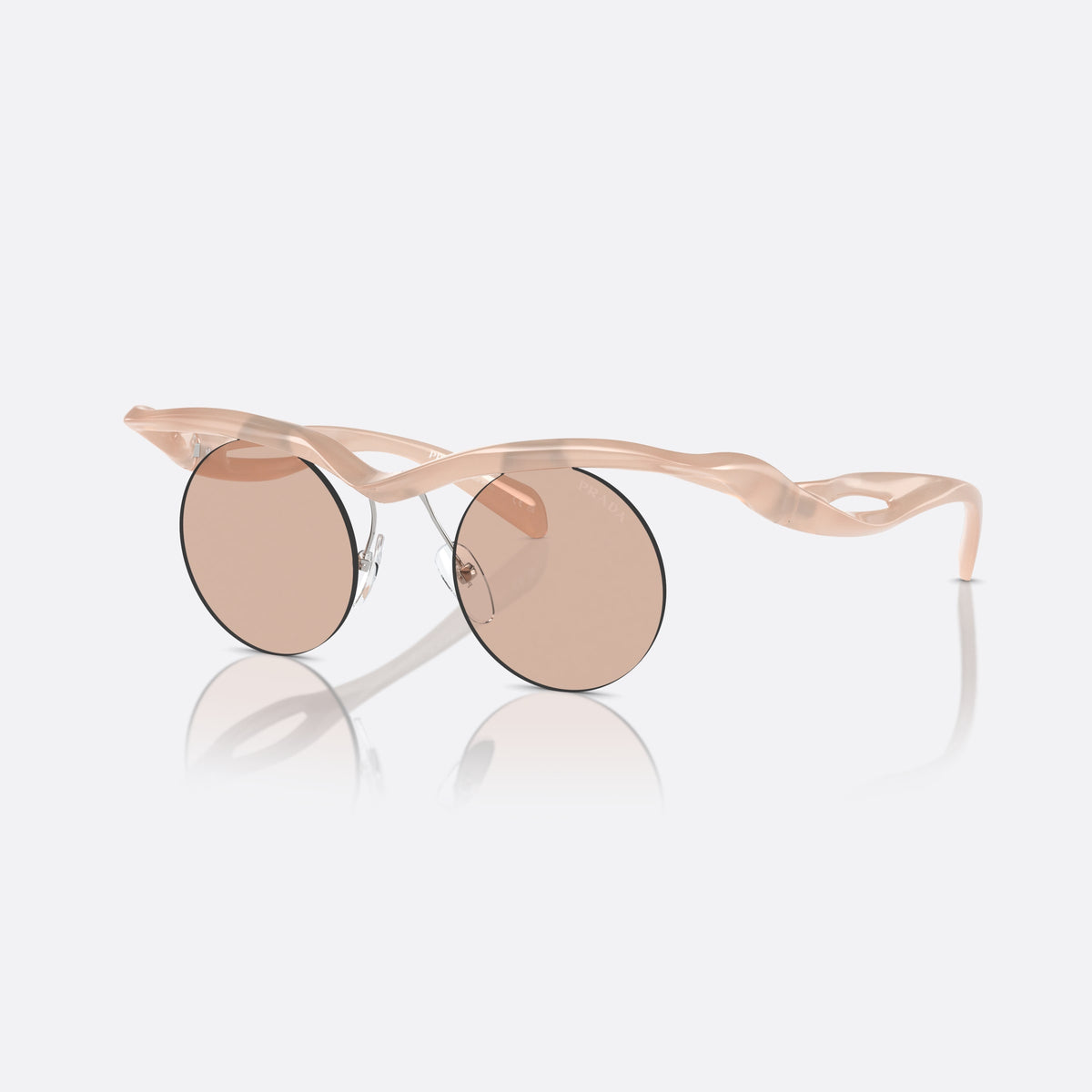Prada PR A24S 12S0B8 sunglasses, pink round frame for women, brand lettering on temples, wavy tapered temples