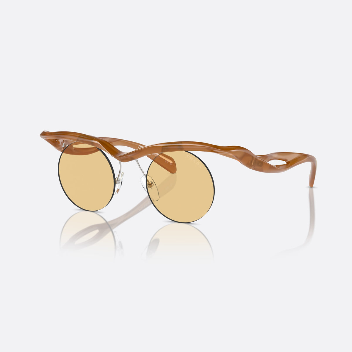 Prada PR A24S 13S80E sunglasses, brown round frame for women, brand lettering on the temples, solid tinted lenses