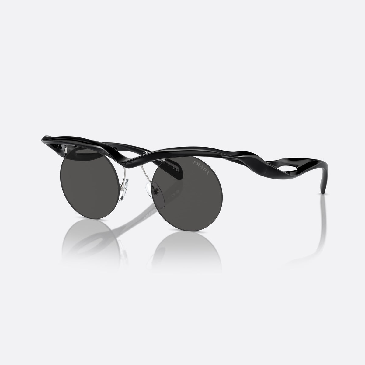 Ochelari de soare Prada PR A24S 1AB5S0, rotunzi negru, pentru femei, punte groasă ondulată, literele brandului pe brațe