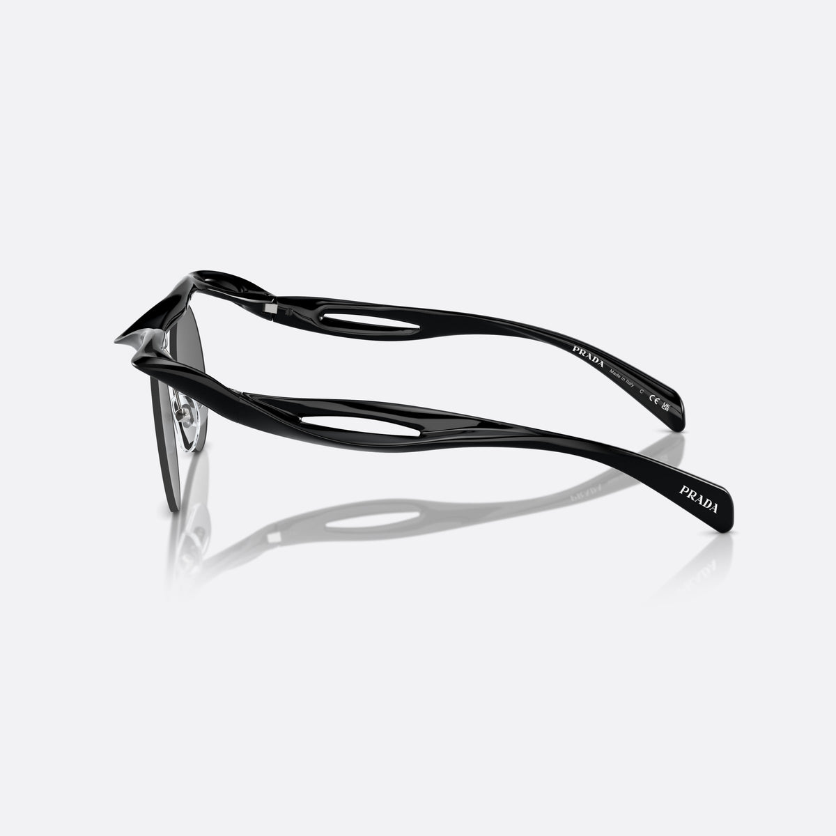 Prada PR A24S 1AB5S0 sunglasses, black round frame for women, thick wavy bridge, brand lettering on temples, side view