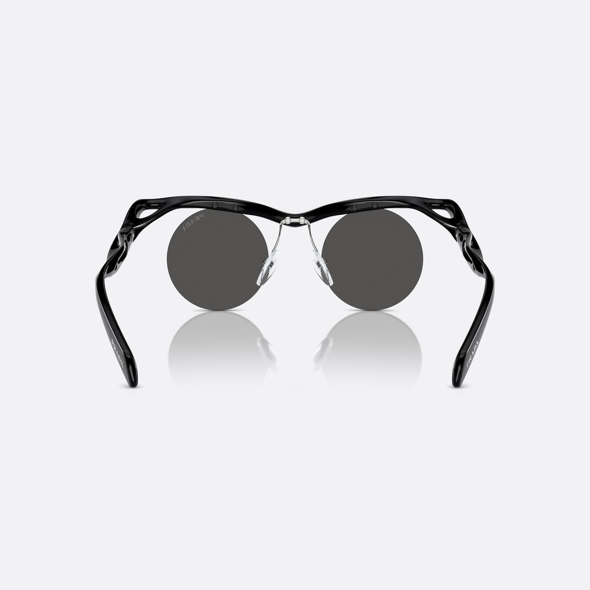 Prada PR A24S 1AB5S0 sunglasses, black round frame for women, thick wavy bridge, brand lettering on temples, back view