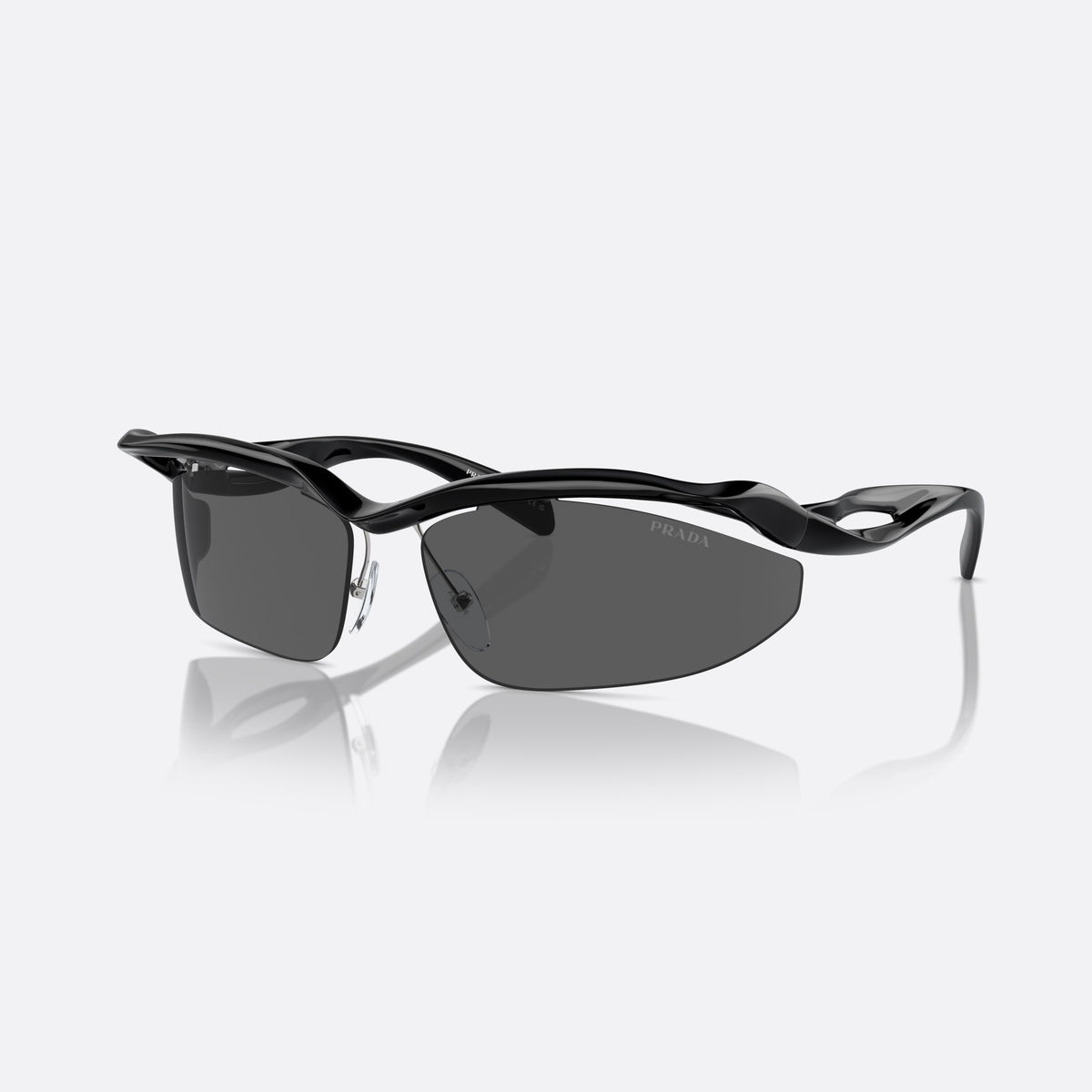 Ochelari de soare Prada PR A25S 1AB5S0, cat eye negru, pentru femei, punte dublă sculptată, literele brandului pe brațe