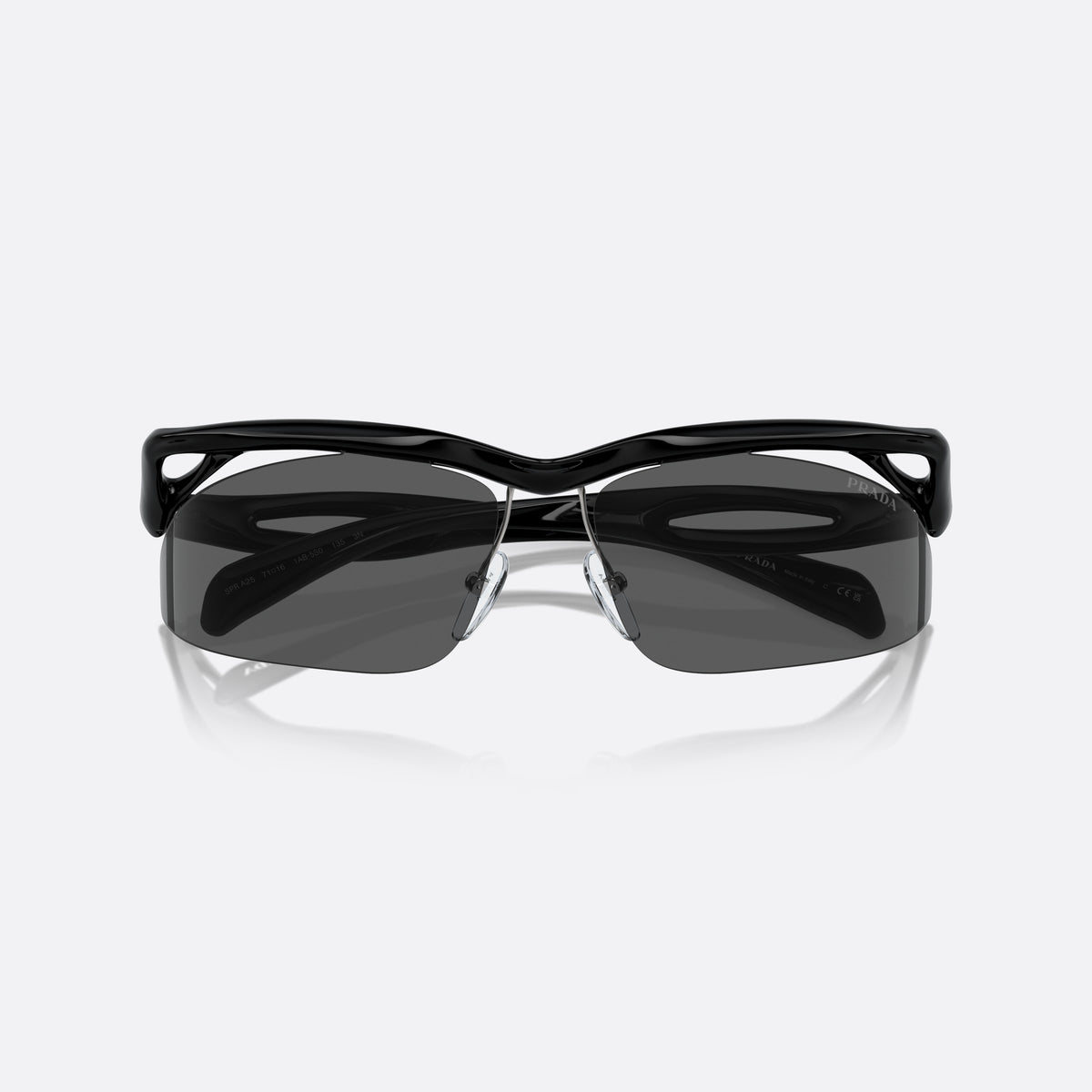 Ochelari de soare Prada PR A25S 1AB5S0, cat eye negru, pentru femei, punte dublă sculptată, literele brandului pe brațe, cu brațele pliate