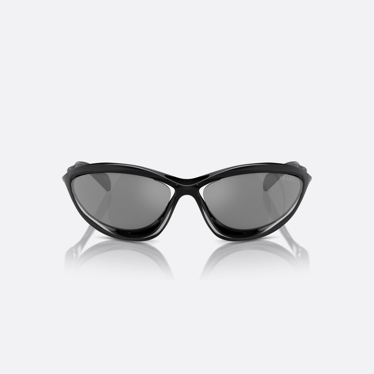 Prada PR A26S 1AB60G sunglasses, black other frame for men, integrated double bridge, brand lettering on temples, front view