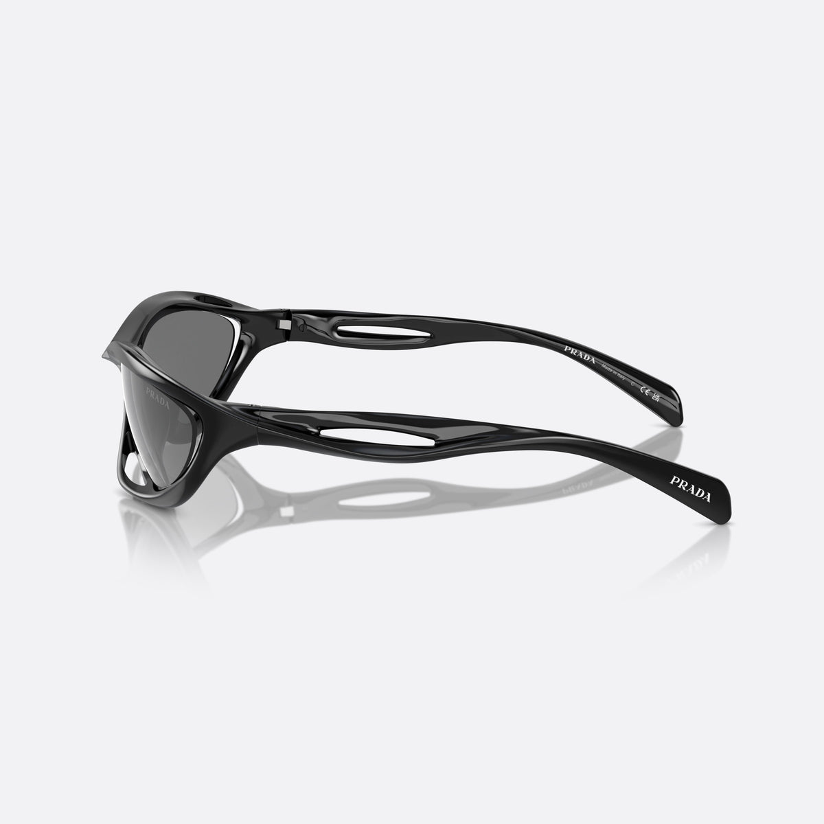 Prada PR A26S 1AB60G sunglasses, black other frame for men, integrated double bridge, brand lettering on temples, side view