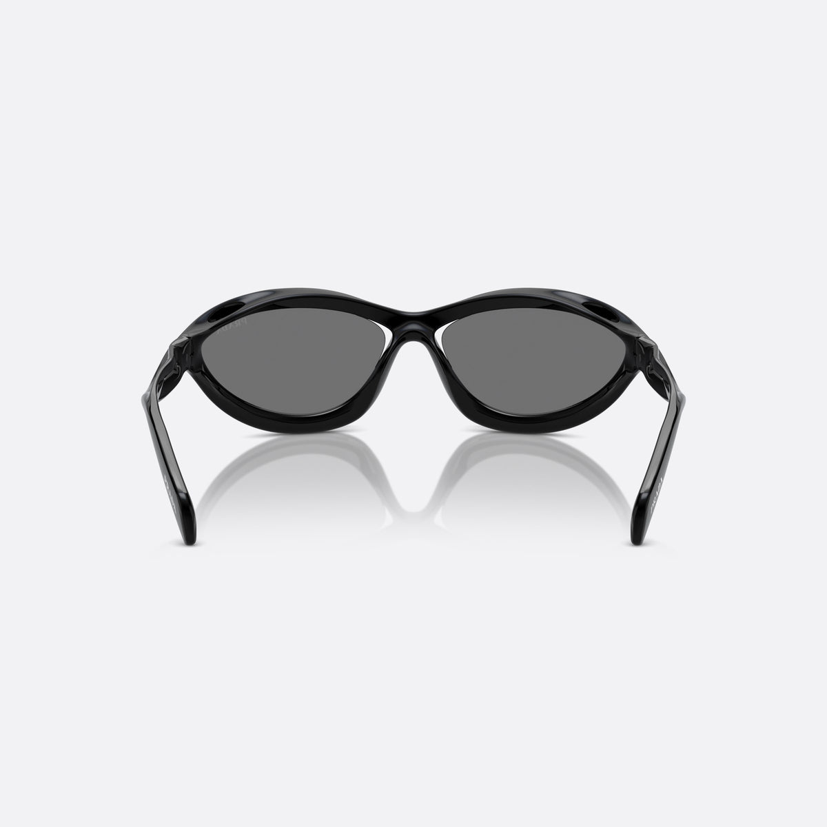 Prada PR A26S 1AB60G sunglasses, black other frame for men, integrated double bridge, brand lettering on temples, back view
