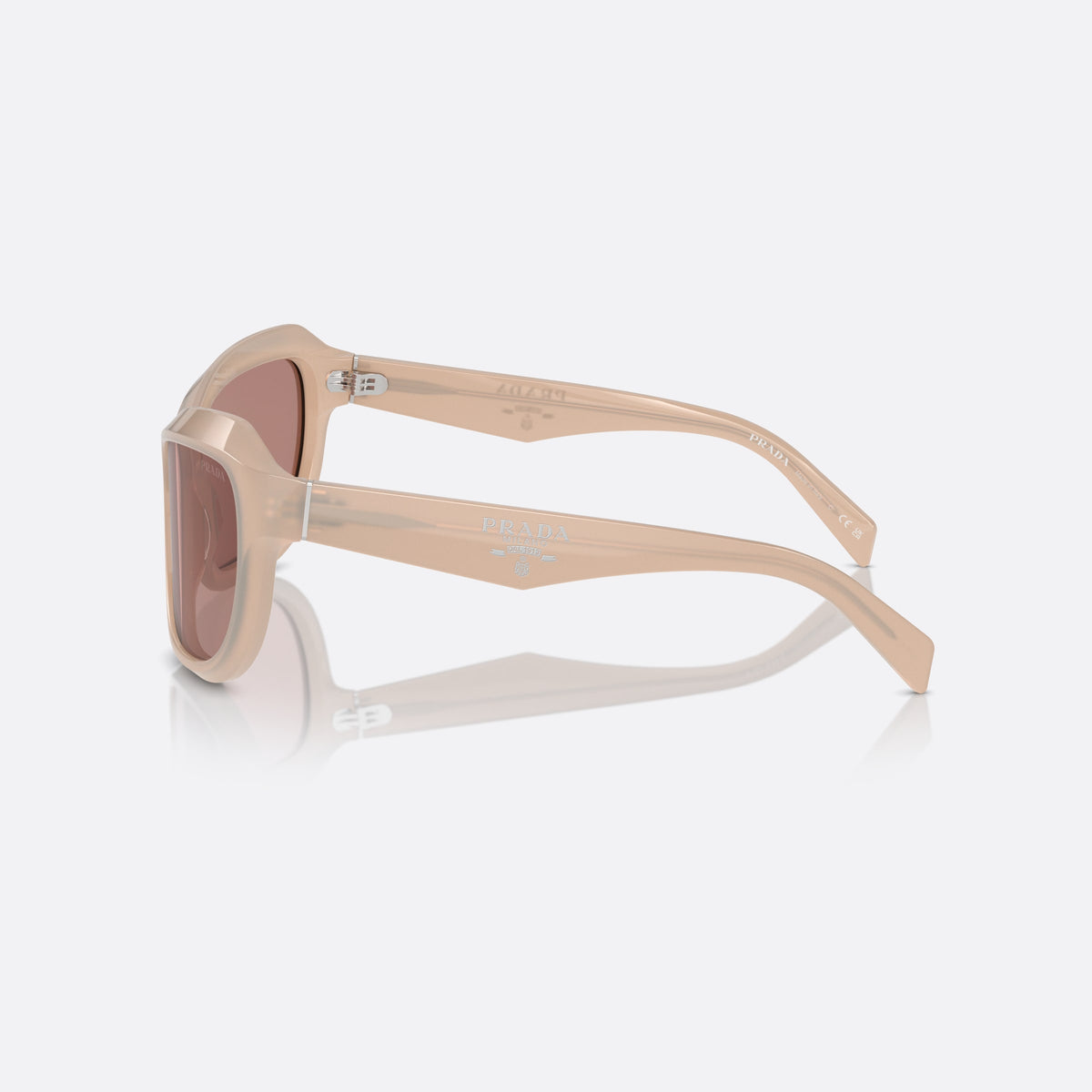 Prada PR A27S 19R10D sunglasses, pink butterfly frame for women, plain bridge, brand lettering on temples, full-rim frame, side view