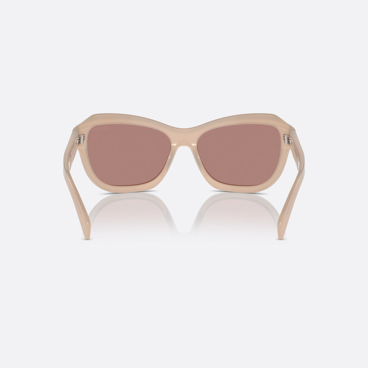 Prada PR A27S 19R10D sunglasses, pink butterfly frame for women, plain bridge, brand lettering on temples, full-rim frame, back view