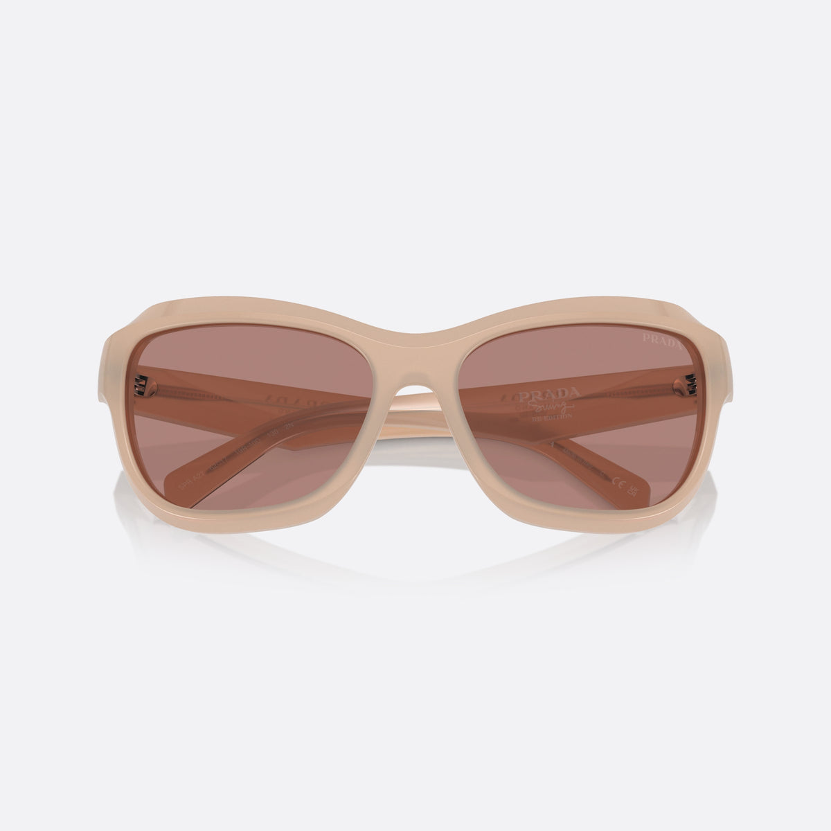 Prada PR A27S 19R10D sunglasses, pink butterfly frame for women, plain bridge, brand lettering on temples, full-rim frame, folded