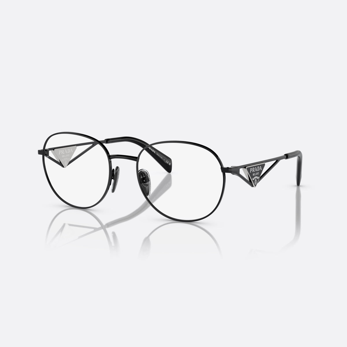 Prada PR A50V 1AB-1O1 B eyeglasses, black round frame for women, plain metal bridge, brand logo plaque on temples