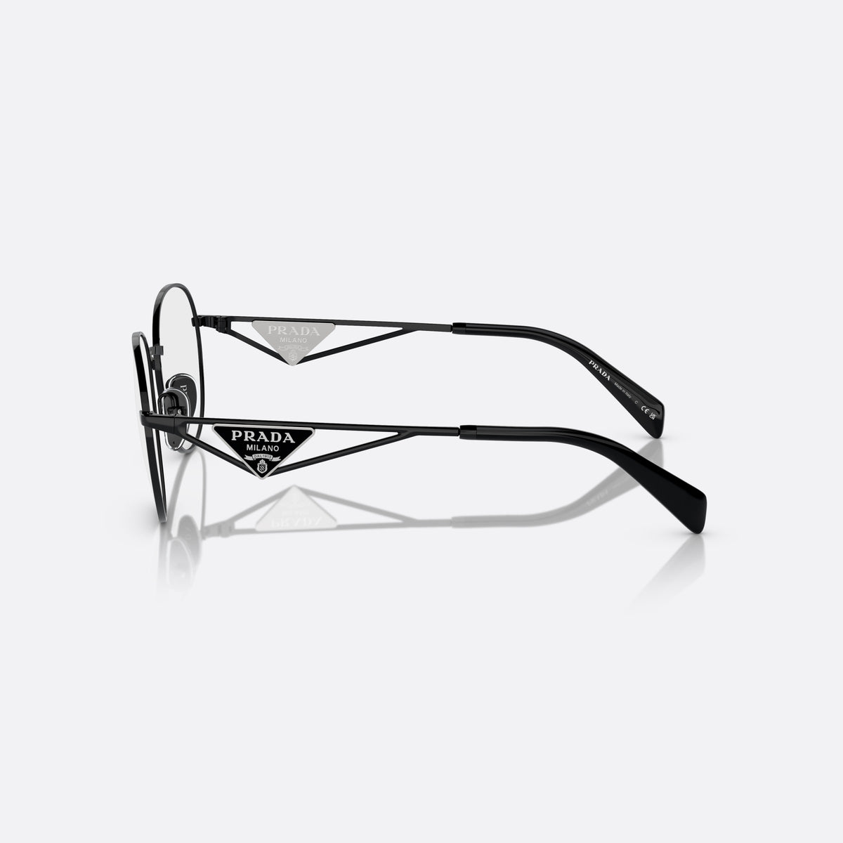 Prada PR A50V 1AB-1O1 B eyeglasses, black round frame for women, plain metal bridge, brand logo plaque on temples, side view