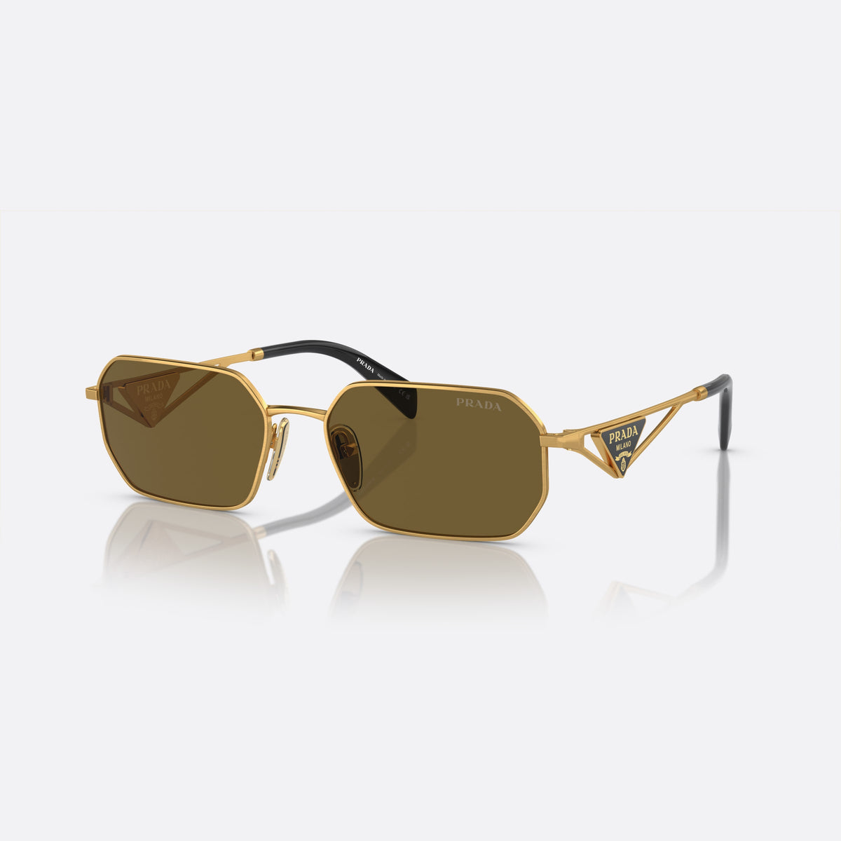 Prada PR A51S 15N-01T M sunglasses, gold irregular frame for women, plain metal bridge, brand logo on temple plaque