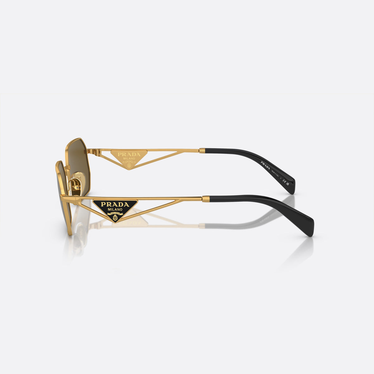 Prada PR A51S 15N-01T M sunglasses, gold irregular frame for women, plain metal bridge, brand logo on temple plaque, side view
