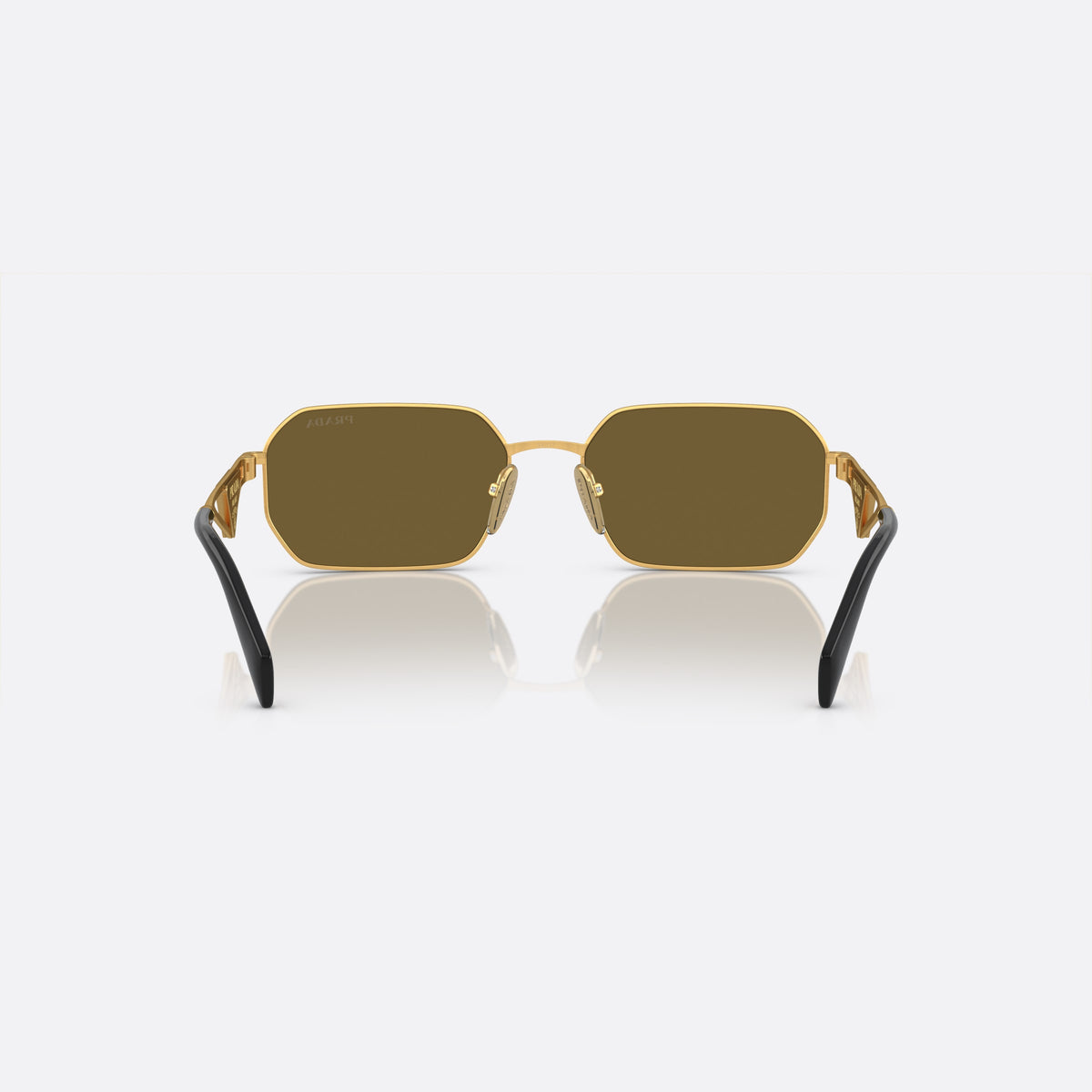 Prada PR A51S 15N-01T M sunglasses, gold irregular frame for women, plain metal bridge, brand logo on temple plaque, back view