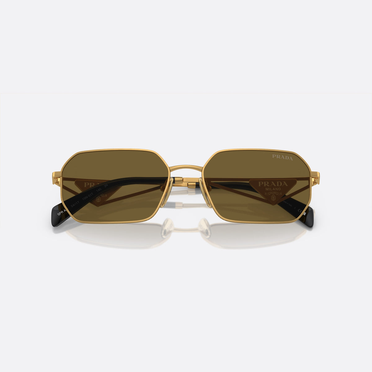 Prada PR A51S 15N-01T M sunglasses, gold irregular frame for women, plain metal bridge, brand logo on temple plaque, folded