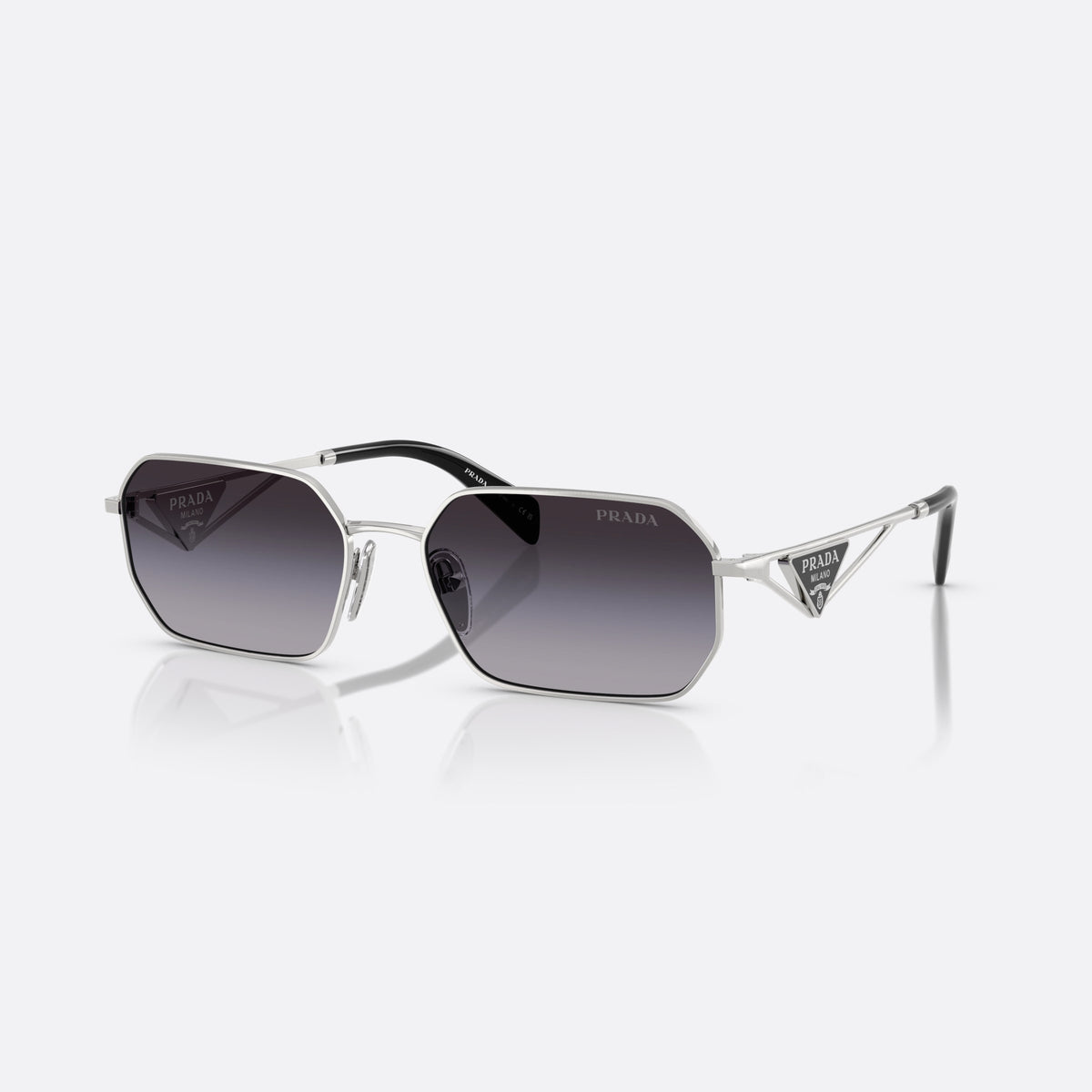 Ochelari de soare Prada PR A51S 1BC90A BLBL, geometrica negru, pentru femei, punte dublă cu bară metalică, literele brandului pe lentile