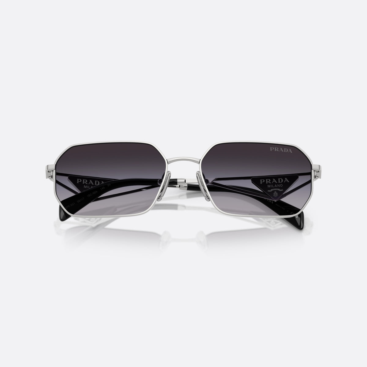 Ochelari de soare Prada PR A51S 1BC90A BLBL, geometrica negru, pentru femei, punte dublă cu bară metalică, literele brandului pe lentile, cu brațele pliate