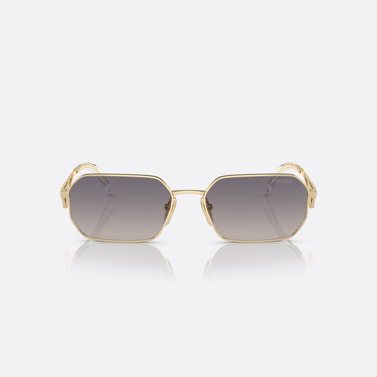 Prada PR A51S ZVN-30C M sunglasses, gold irregular frame for women, plain metal bridge, brand lettering on the temples, front view