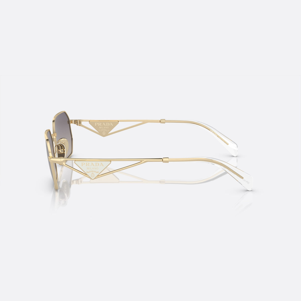 Prada PR A51S ZVN-30C M sunglasses, gold irregular frame for women, plain metal bridge, brand lettering on the temples, side view