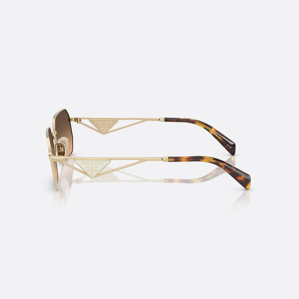 Prada PR A51S ZVN50C GLBW sunglasses, gold geometric frame for women, plain metal bridge, triangular brand logo plaque on temples, side view