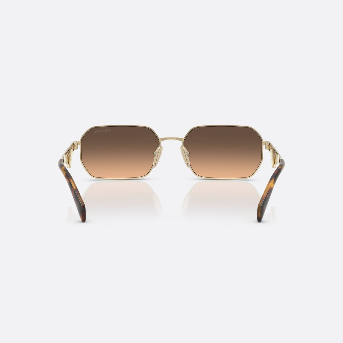 Prada PR A51S ZVN50C GLBW sunglasses, gold geometric frame for women, plain metal bridge, triangular brand logo plaque on temples, back view