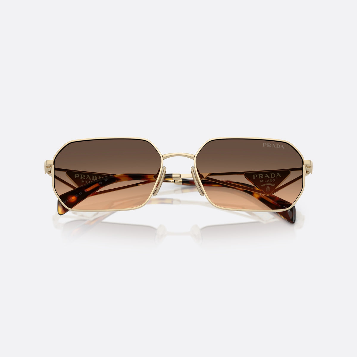 Prada PR A51S ZVN50C GLBW sunglasses, gold geometric frame for women, plain metal bridge, triangular brand logo plaque on temples, folded