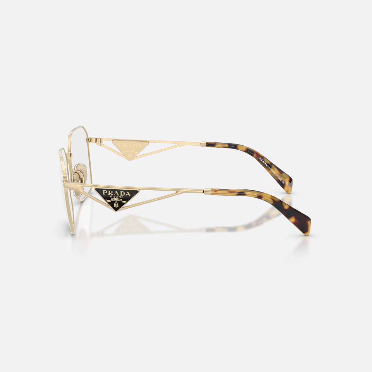 Prada PR A51V 14N1O1 eyeglasses, gold irregular frame for women, plain metal bridge, brand logo plaque on temples, side view