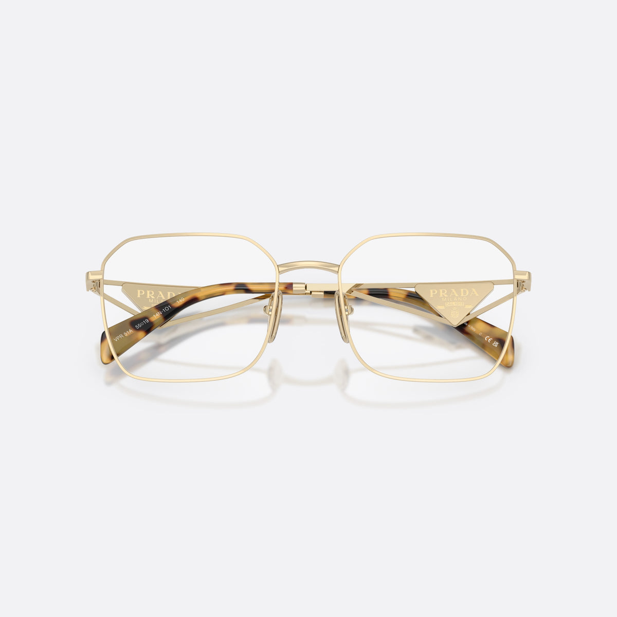 Prada PR A51V 14N1O1 eyeglasses, gold irregular frame for women, plain metal bridge, brand logo plaque on temples, folded