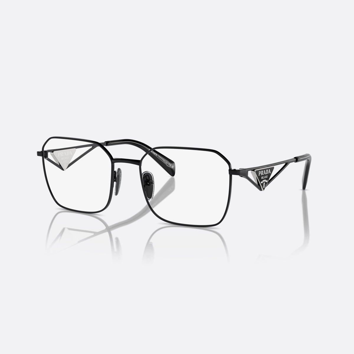 Prada PR A51V 1AB-1O1 C eyeglasses, black geometric frame for women, plain metal bridge, brand logo plaque on temples