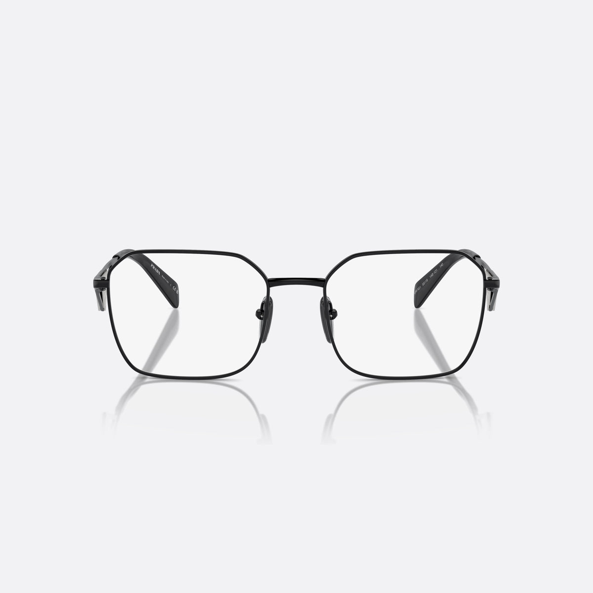 Rame ochelari de vedere Prada PR A51V 1AB-1O1 C, geometrica negru, pentru femei, punte metalică simplă, placă cu logoul brandului pe brațe, vedere din față