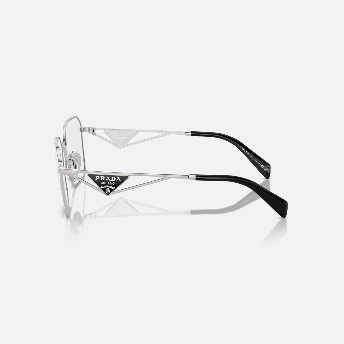 Rame ochelari de vedere Prada PR A51V 1BC-1O1 C, geometrica argintiu, pentru femei, punte dublă cu arc metalic, ramă completă metalică, vedere laterală