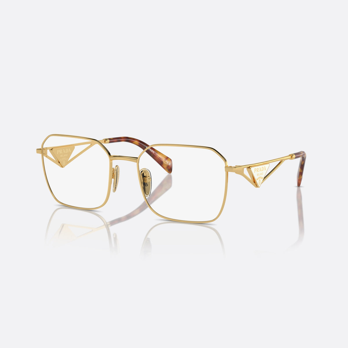 Prada PR A51V 5AK-1O1 I eyeglasses, gold geometric frame for women, plain metal bridge, brand logo plaque on temples