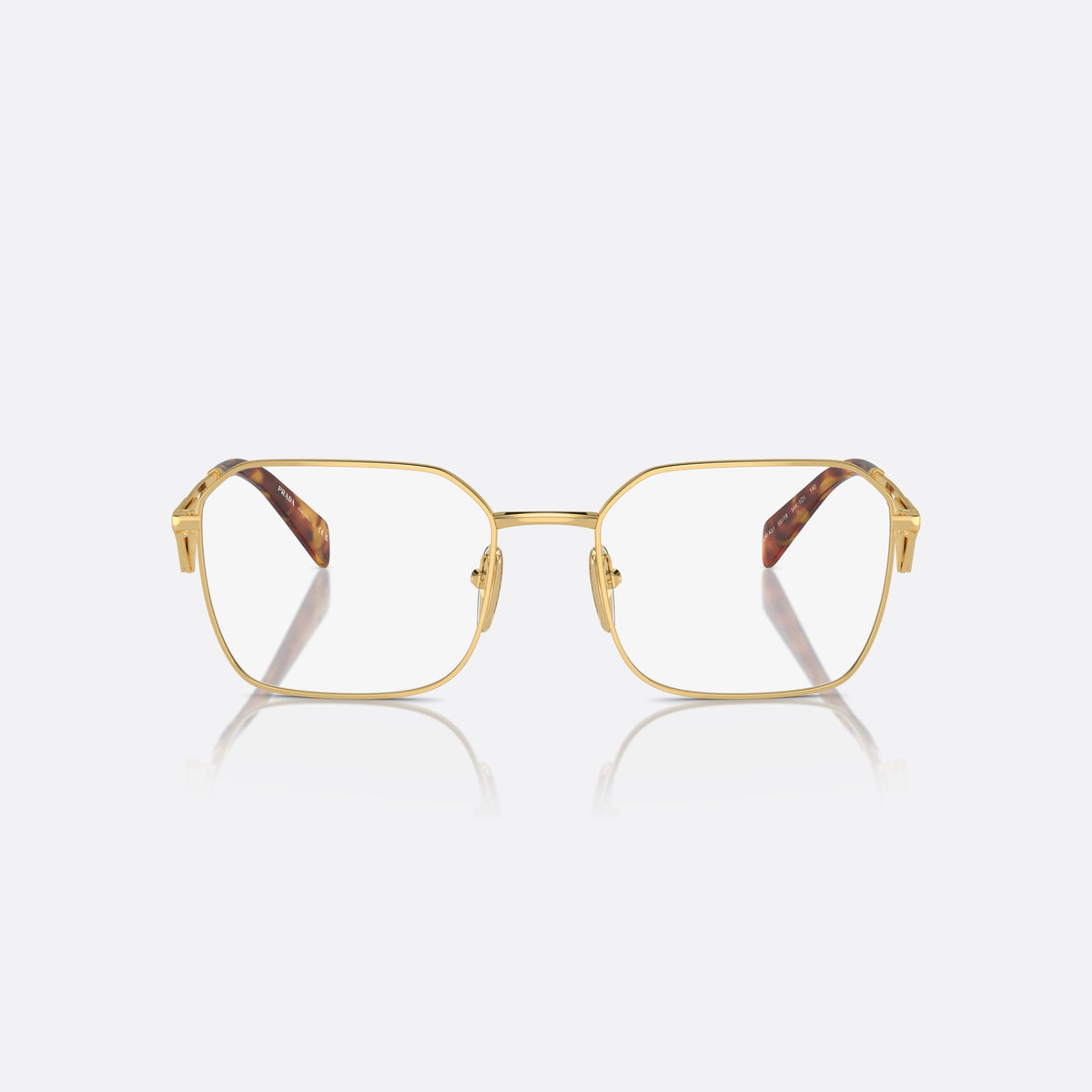Prada PR A51V 5AK-1O1 I eyeglasses, gold geometric frame for women, plain metal bridge, brand logo plaque on temples, front view