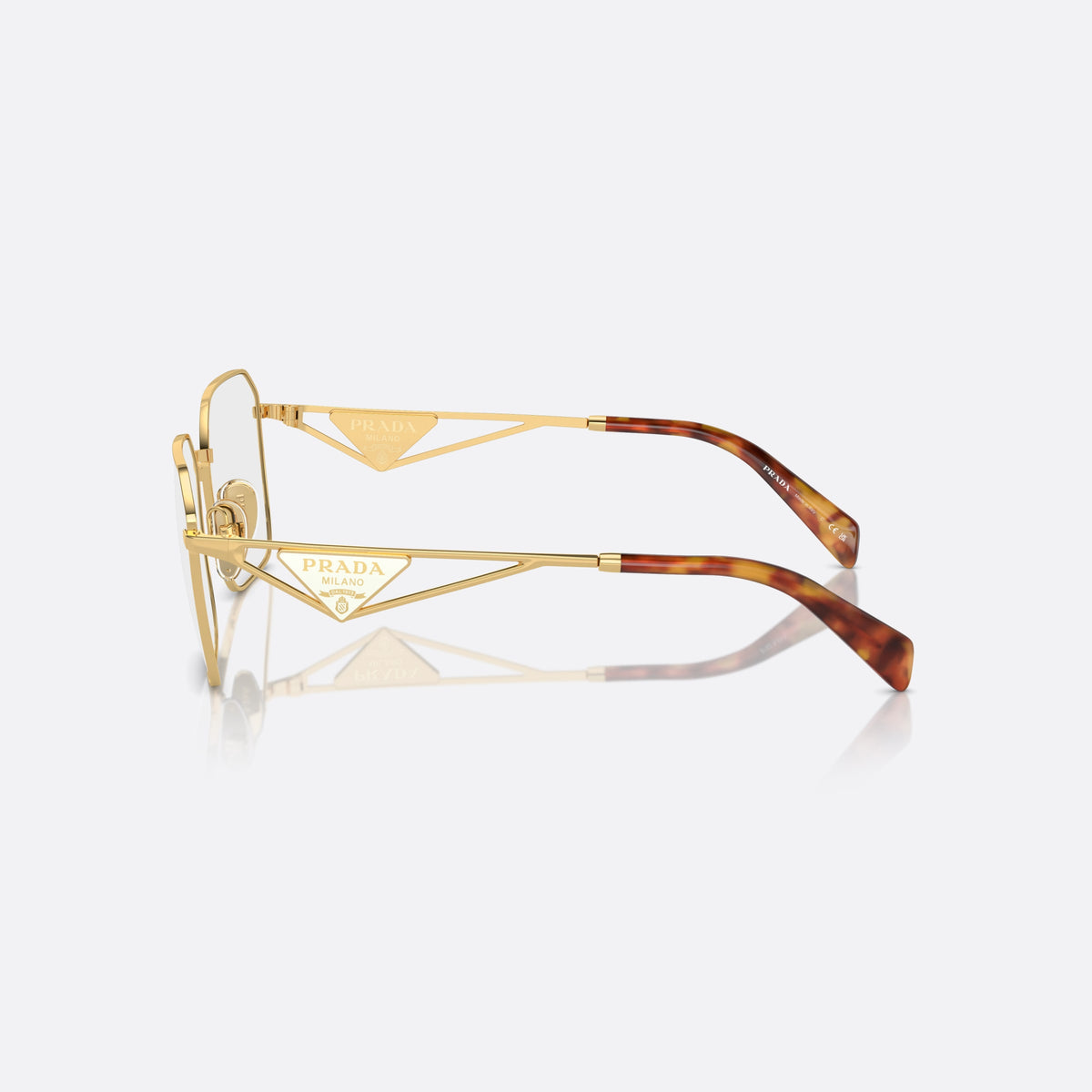 Prada PR A51V 5AK-1O1 I eyeglasses, gold geometric frame for women, plain metal bridge, brand logo plaque on temples, side view